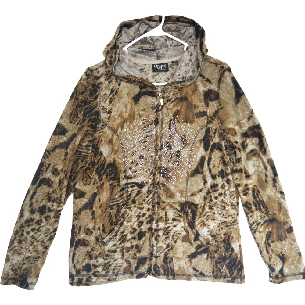 Onque Y2k Rhinestone Tiger Jacket Womens L Full Zip Bling Knit Sweater Hoodie